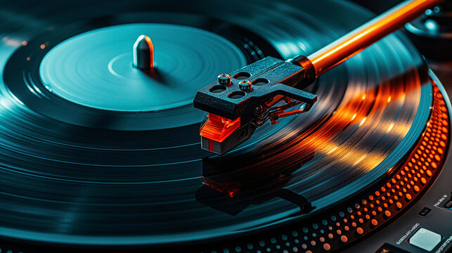 Tocadiscos reproduciendo un vinilo con luz ambiental c&aacute;lida