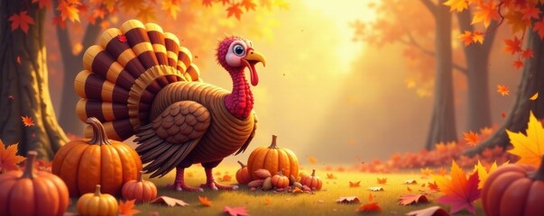 Cartoon turkey surrounded by autumn leaves and cornucopia, turkey, pumpkin, leafy
