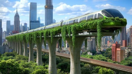 Fototapeta premium Elevated Green Train in Futuristic Cityscape Digital Painting, Eco-Friendly Transport, Urban Greenery, Futuristic City Eco-city, sustainable transport
