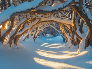 Serene winter wonderland pathway with sunlit snow and frost-covered trees