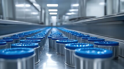 Fototapeta premium Modern Production Line Featuring Rows of Metal Containers with Blue Lids in a High-Tech Manufacturing Environment