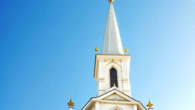 Church steeple against blue sky close-up