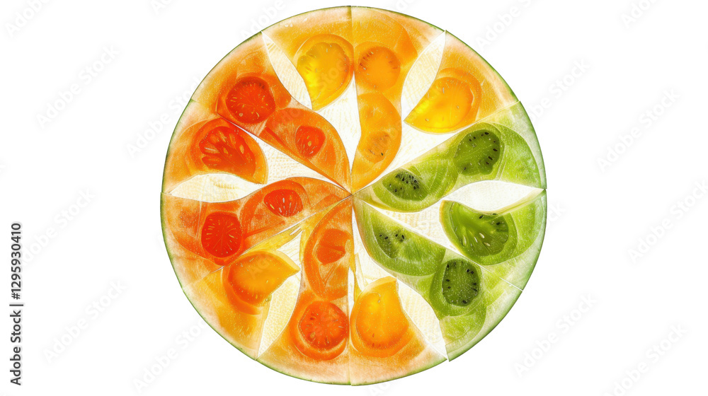 Poster sliced kiwi fruit and tomato forming a colorful pattern on transparent background