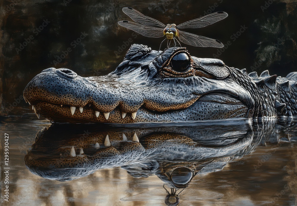 Poster close-up of an alligator's head with a dragonfly resting on its nose in a tranquil reflection on sti