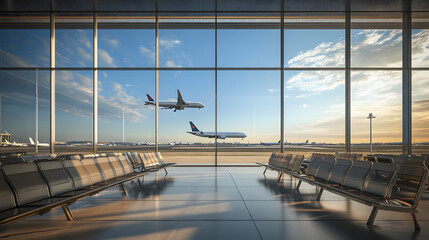 A panoramic view of an airport terminal, with large windows overlooking the runway and airplanes visible outside
