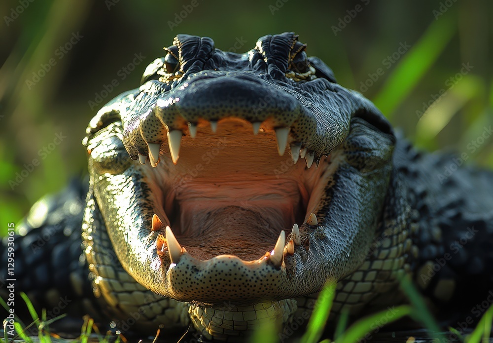 Poster close-up of an alligator's open mouth displaying sharp teeth and textured skin in a natural habitat 