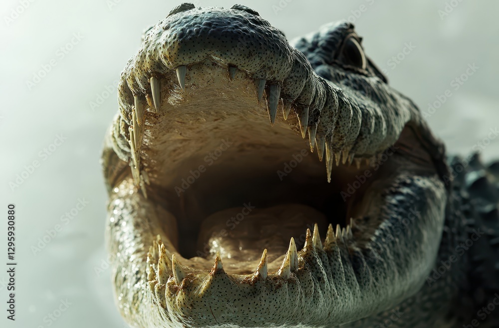 Poster close-up of an alligator's open mouth with sharp teeth, capturing details of scales and texture unde