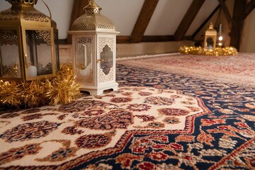 Ornate Persian Carpet with Traditional Lanterns in a Rustic Attic