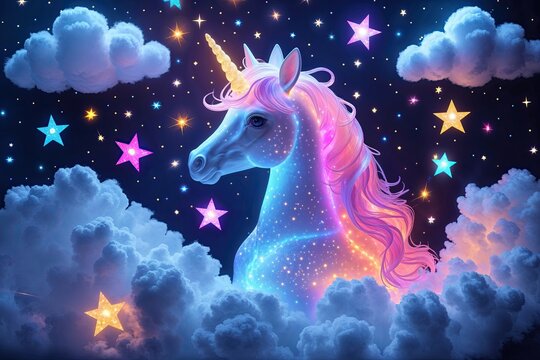 Whimsical Unicorn Light Show with Vibrant Cosmic Stars and Airy Clouds