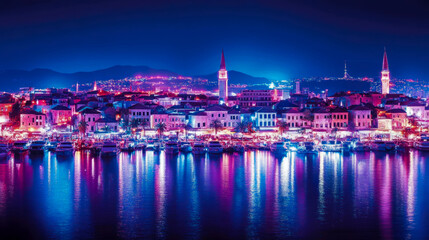 Fototapeta premium Night Serenity: Montenegro Coastal Town Reflecting Neon Glows on Water, a Vacation Scene