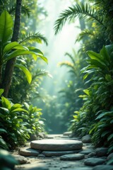 Fototapeta premium A stone podium centered amidst a lush green tropical forest with oversized leaves, mockup or product display for advertising purpose, plant leaves in background