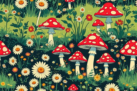 Lively 70s Retro Designs Featuring Whimsical Scenery with Daisies and Toadstools