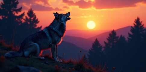 Close-up of a howling wolf in the wilderness at dusk, animal behavior, animals, natural world