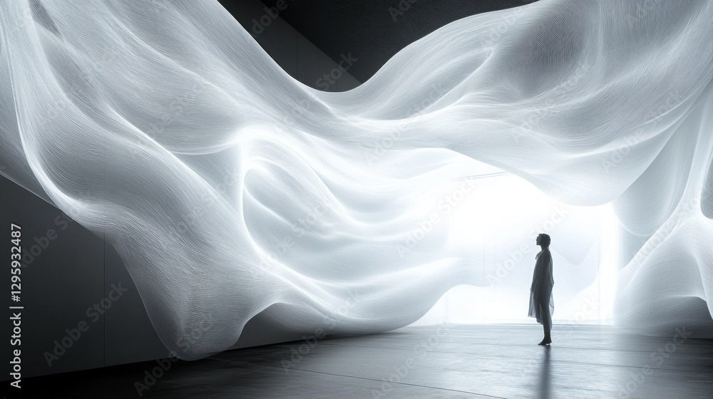 Aufkleber A figure stands in awe before an ethereal light installation, where flowing lines of luminous fabric create an immersive experience. The space blurs the lines between reality and art