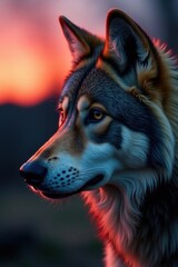 Naklejka premium Close-up of a wolf's face at dusk, predator, wildlife, forest