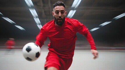 Obraz premium Dynamic Male Soccer Player in Action on Indoor Court