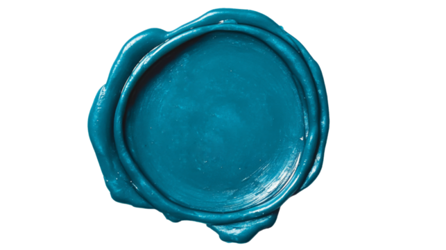 Blank teal wax seal on transparent background guaranteeing authenticity