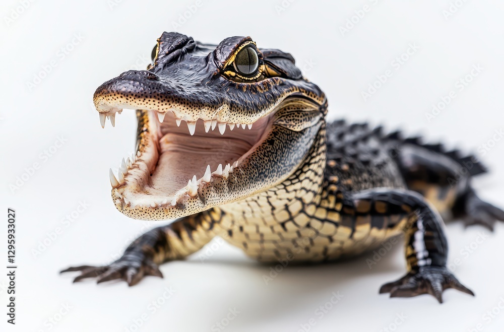 Poster close-up of an open-mouthed alligator with sharp teeth and glossy scales against a plain white backg