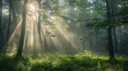 Obraz premium Forest The With Filtering Misty Through Sunlight Tre Soft