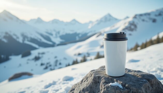 White travel mug on rock with snowy mountains in background. Space for adventurous brands or inspirational quotes, outdoor lifestyle. 