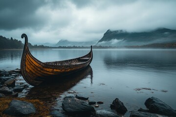 Majestic Viking ship resting on calm waters with misty mountains in the background at dawn