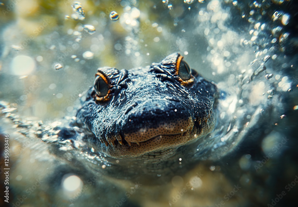 Poster close-up of an underwater frog surrounded by bubbles in a crystal clear environment captured in natu