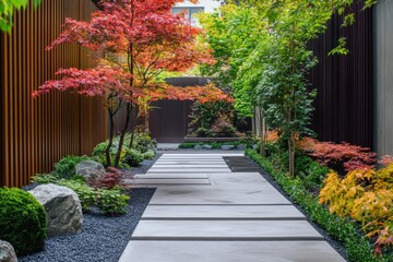 Fototapeta premium Landscaped garden, Japanese maple tree, wooden privacy fence