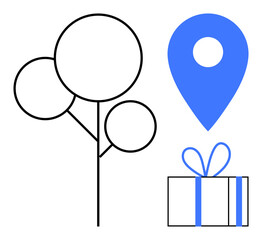 Blue location pin, tree with three circular leaves, and wrapped gift box with ribbon. Ideal for celebrations, maps, nature, navigation, birthdays holidays and events. Line metaphor