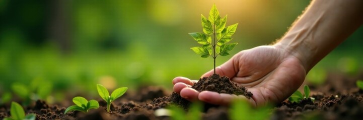 Fototapeta premium Close up of hand holding a small tree cutting, ecological family, tree symbol, forest conservation