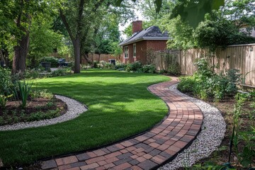 Fototapeta premium Landscaping work, laying sod, brick pathway, decorative gravel border