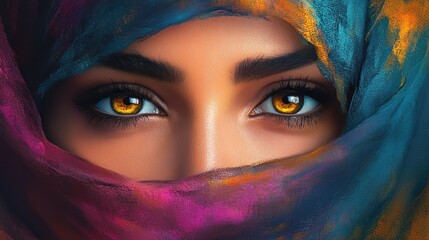 Naklejka premium middle eastern woman with vibrant eyes and colorful veil emphasizing mystery and beauty