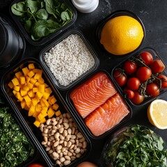Fresh ingredients for healthy meal prep Top-down view of a meal prep kit containing balanced macros, essential vitamins, and hydration elements for athletes. 