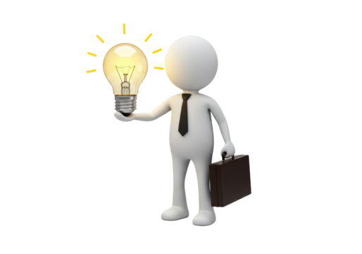 Isolated 3D Character Holding Lit Light Bulb and Briefcase