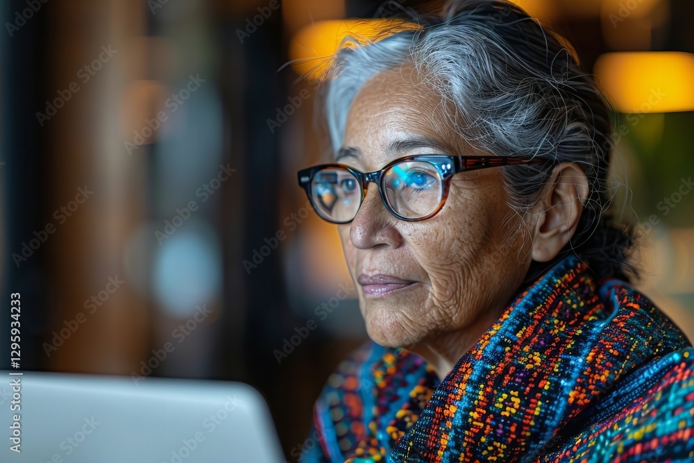 Poster title: senior woman with glasses studying programming code on computer, highlighting challenges of t