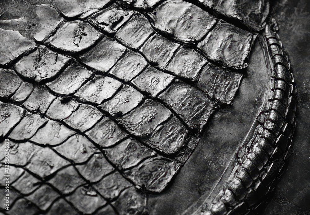 Poster close-up of black and white textured surface of crocodile skin showcasing intricate patterns and uni