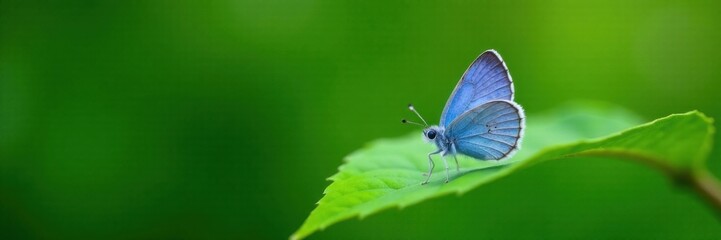 Obraz premium Close-up of small blue butterfly resting on a delicate green leaf, branch, insect life, flower