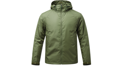 Olive green hooded jacket isolated on transparent background