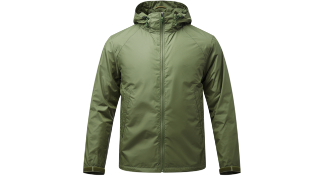 Olive green hooded jacket isolated on transparent background