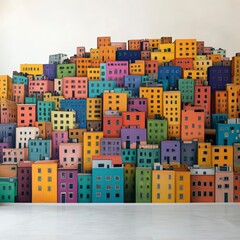 Stacked miniature colorful houses on white wall