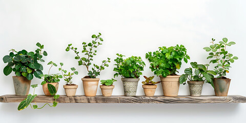 A wooden shelf displays a variety of potted green plants