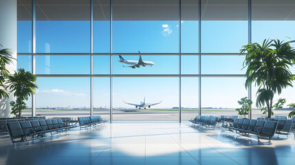 Fototapeta premium A panoramic view of an airport terminal, with large windows overlooking the runway and airplanes visible outside 