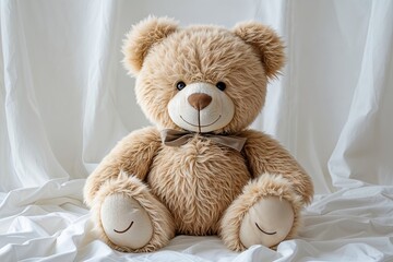 Obraz premium Fluffy Beige Teddy Bear on a Bright White Backdrop for Kids and Infants
