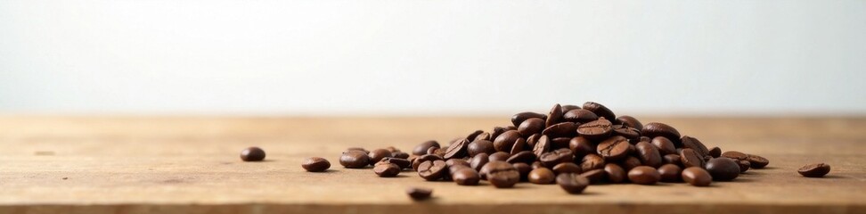 Naklejka premium Coffee beans scattered on wooden table against white wall, small, beans, brown