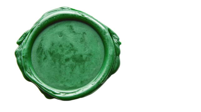 Green wax seal on transparent background guaranteeing authenticity