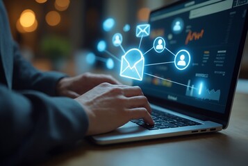 Businessman sending email by laptop. Online people network. Using internet for communication.