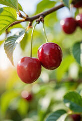Obraz premium Ripe red cherries hanging on tree branches, nature's sweetness
