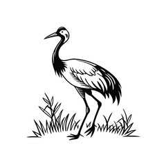 Black and White Heron Bird Silhouette with Grass – Vector Illustration