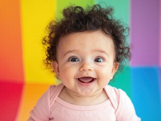 Naklejka premium Joyful infant against vibrant rainbow background ideal for baby-centric designs and marketing