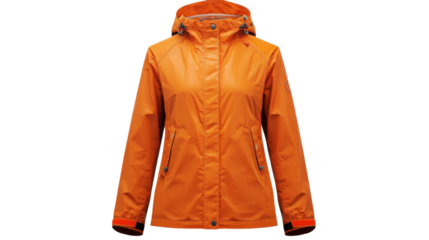 Orange rain jacket with hood isolated on transparent background