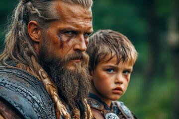 Fototapeta premium Father and son warriors showcasing strength and resilience in a dense forest during a historical reenactment